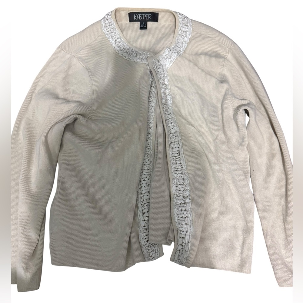 Kasper Ivory Cardigan with Textured Trim